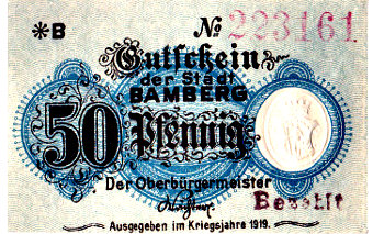 50 Pfennig Auszug Vorderseite 1919 mit *B und bezahlt